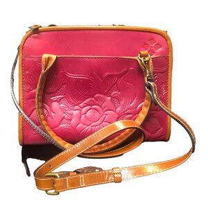 Patricia Nash crossbody Paris satchel red tooled rose tan trim and handles